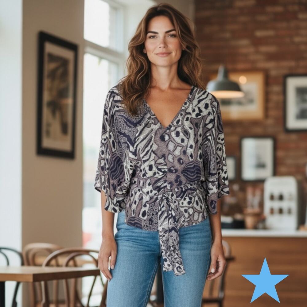 Parker 100% Silk Sz XS 0 2 Kory Navy Blue Silk Print Blouse Top Flutter Sleeve